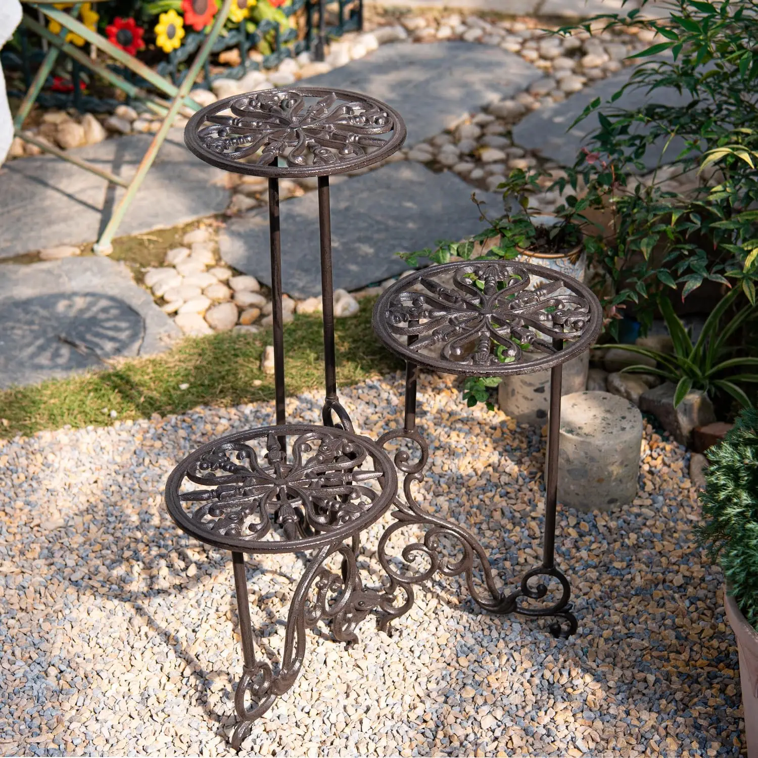 Heavy Duty Cast Iron Plant stand, 3 Tier Foldable Metal Plant Shelf, 24in Tall Vintage Flower Pot Holder Indoor Outdoor Tiered P