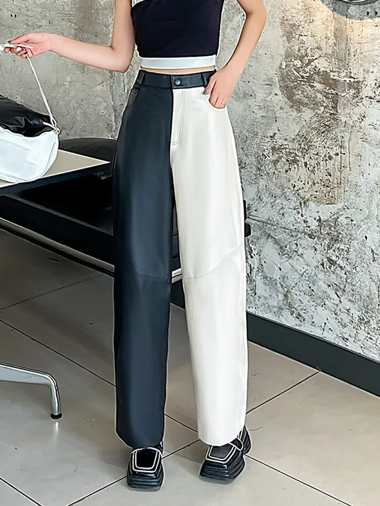 

Свободные брюки большого размера, женские брюки из натуральной кожи, Стильные черные и белые контрастные шаровары Y4442