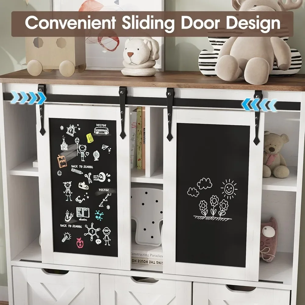 Toy Storage Organizer with Sliding Blackboard,Kids Bookshelf with3 Movable Drawers,Multifunctional Storage Cabinet Toy Chest 4