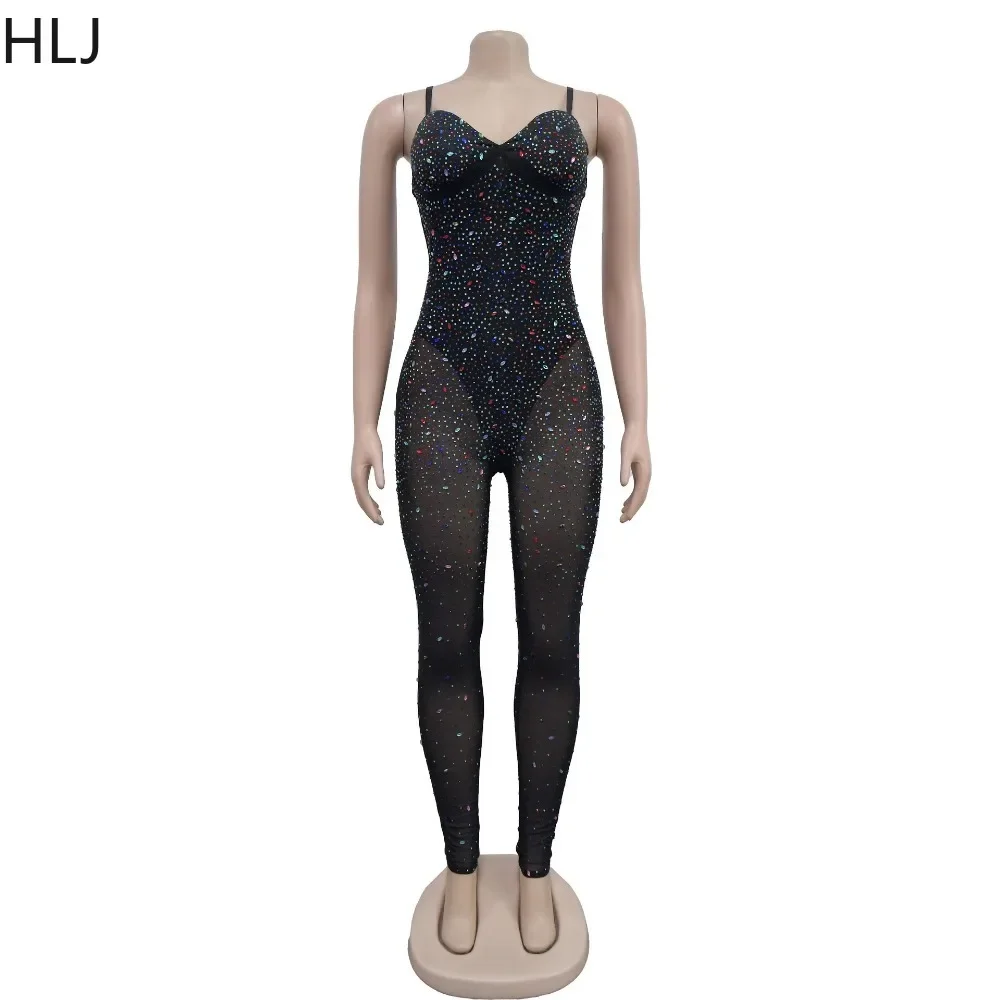 HLJ Sexy Mesh Perspective Rhinestone Bodycon Jumpsuits Women V Neck Sleeveless Slim Playsuits Fashion Party Nightclub Overalls