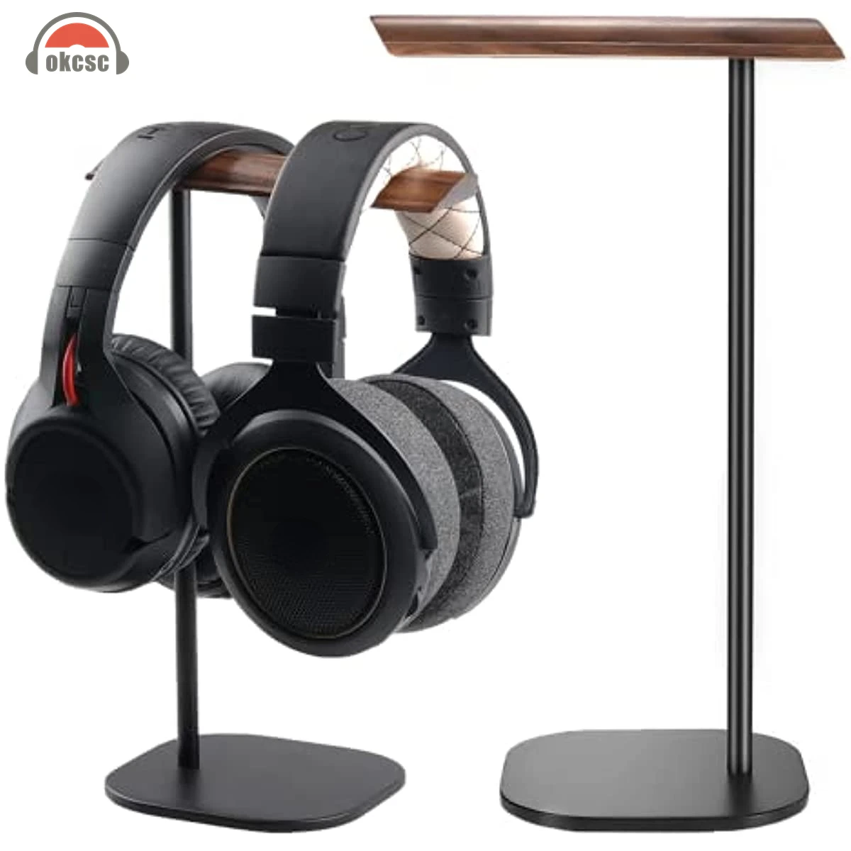 

OKCSC Headphone Stand Walnut Wood Headset Stand Support Dual Headphones Suspension Aluminum Alloy Support Hanger Headset Holder