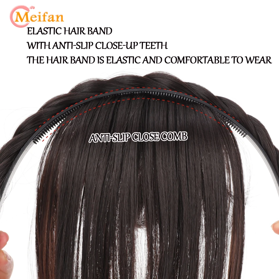 MEIFAN Synthetic Topper Hairpiece With Braids Headband Bangs Fringe Bands Heat Resistant Bangs Clip in Hair Extensions Hairpiece
