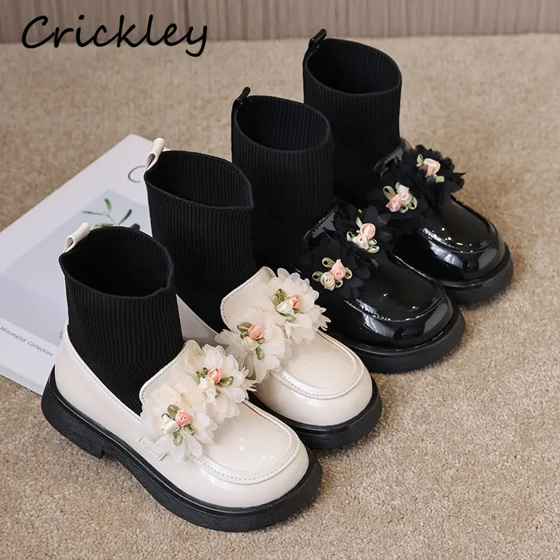 

Princess Flowers Girls Fashion Boots PU Knitted Patchwork Kids Socks Boots 2023 Black White Slip On Children Ankle Shoes