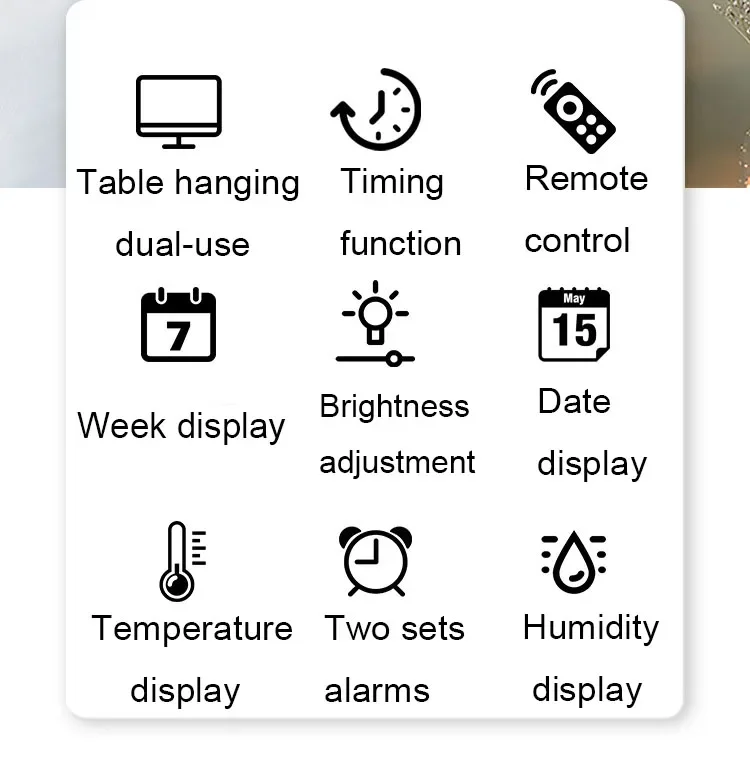 Description Picture 5 of itemDigital Wall Clock Mood Lighting Temperature Humidity Timing Countdown 2 Alarm Auto Dimmer Plug in Use LED Alarm Clock Remote