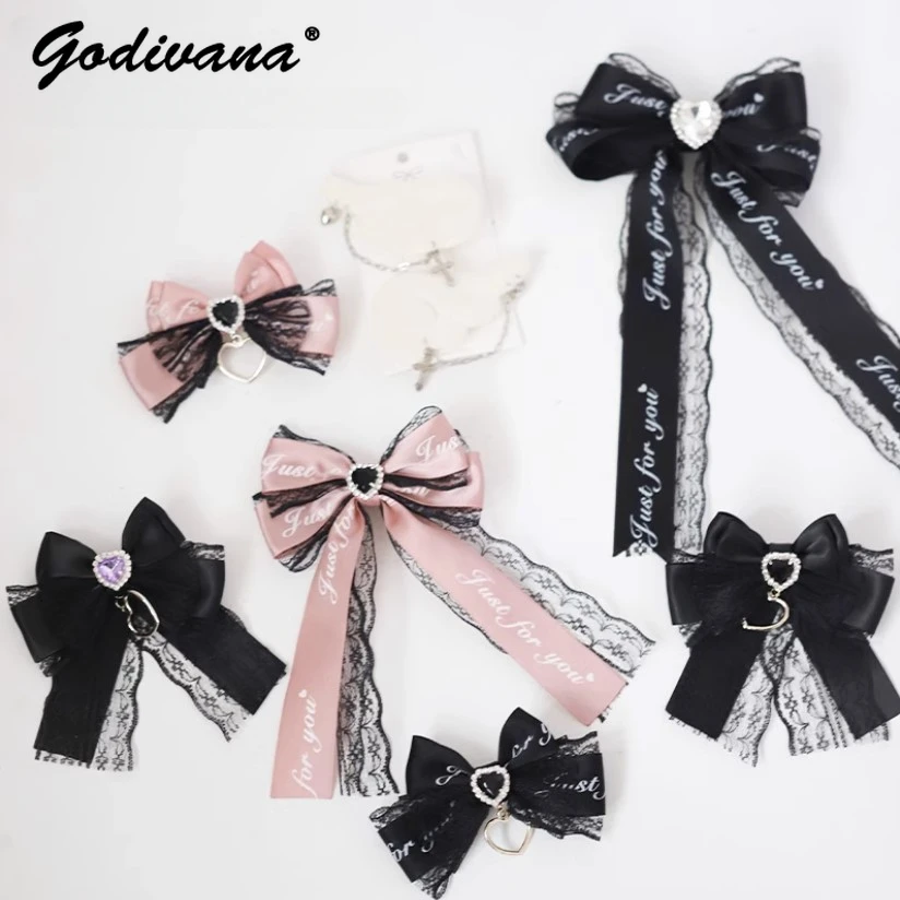 Mine Mass-Produced Handmade Hair Accessories Japanese Lolita Letters Ribbon Bowknot A Pair of Hairclips Headwear Women Hairpin 1 pair of gloves bow decorative lace knitted ruffles elastic fingerless fake cuffs lolita jk clothing accessories fake sleeves