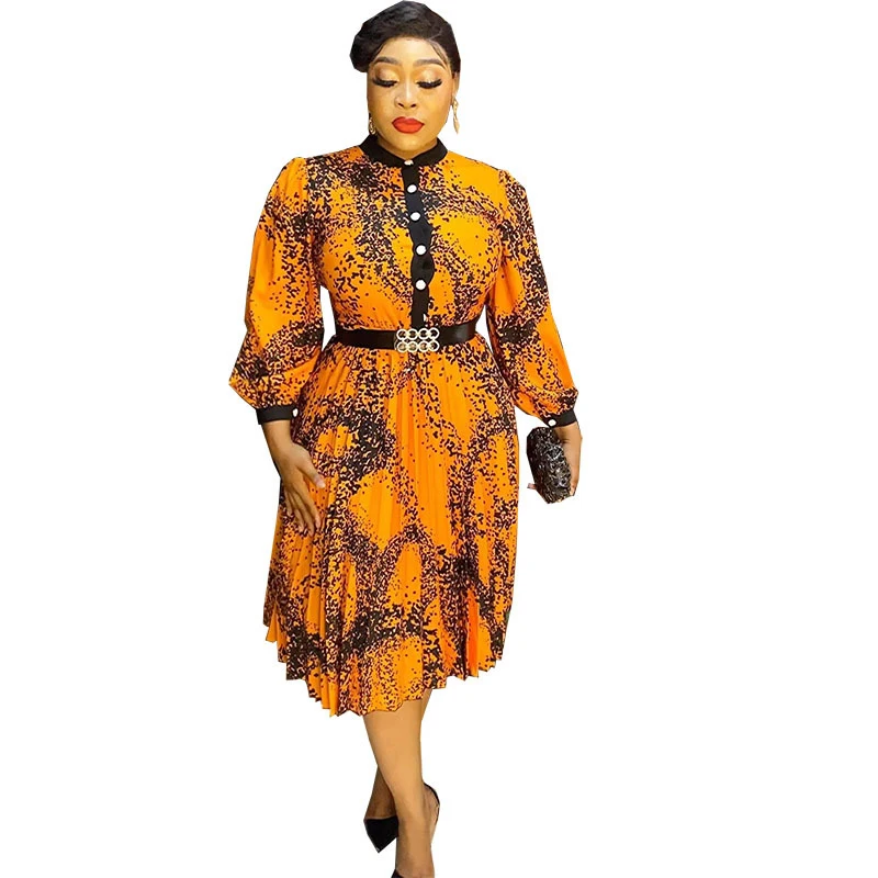 

African Dashiki Dresses for Women 2023 Fashion Print Waist A-line Party Gowns Ankara Pleated Dress Ladies Clothes Vetement Femme