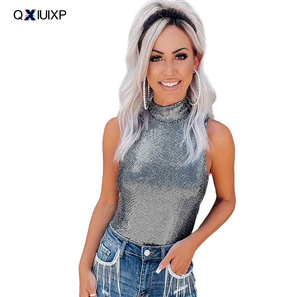 

QXIUIXP 2023 Woman Sexy Sequin Sleeveless Bodysuit Female Summer High Neck Nightclub Slim Body Top Ladies Solid Bodycom Jumpsuit