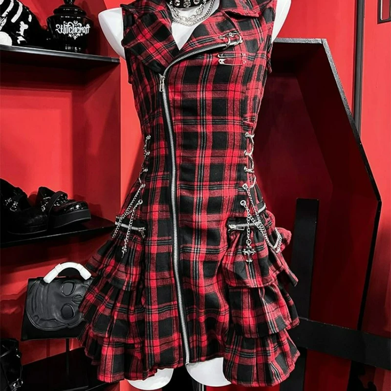 Japanese Harajuku Punk Dress Women Gothic Fashion Plaid Slim Zipper Party Dresses Summer Y2k Aesthetic Sleeveless Princess Dress 1