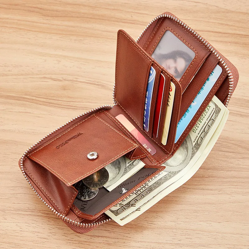 WILLIAMPOLO Genuine Leather Men's Wallet RFID Blocking Card Holder Organizer Wallet Men Business Vintage Zipper Male Purse 4