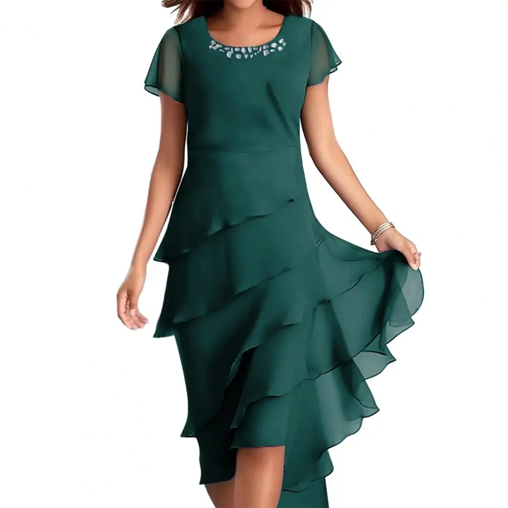 

Fashion Women Dress O-Neck Beaded Decor Short Sleeve Dress Layered Cake Hem Flowy Dress Wedding