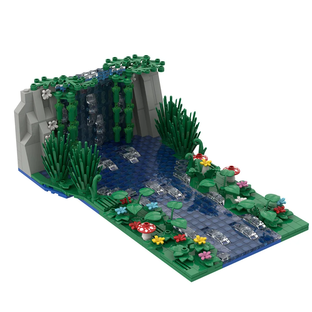 647pcs Waterfall Scene Moc Building Blocks Set Creative Pond Flower Mushroom Small Particle Assembled Bricks Model Kids Toy Gift