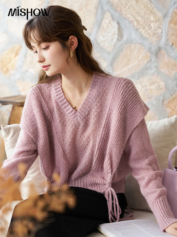 

MISHOW Fly Sleeve Hollow Out Knitted Tops Autumn 2023 Loose V-Neck Lace-up Elegant Sweet Female Solid Top Office Lady MXC41Z0156