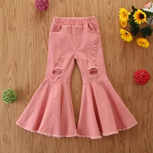 1-6Y Toddler Denim Bell Bottom Pants Spring Summer Baby Girls Solid Color Trousers Ruffles Flare Ripped Jeans For Kids