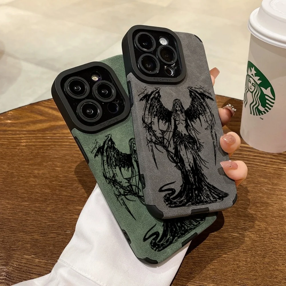Elegant Black Angel Demon Suede Leather Silicone Phone Case - Luxury Soft Cover