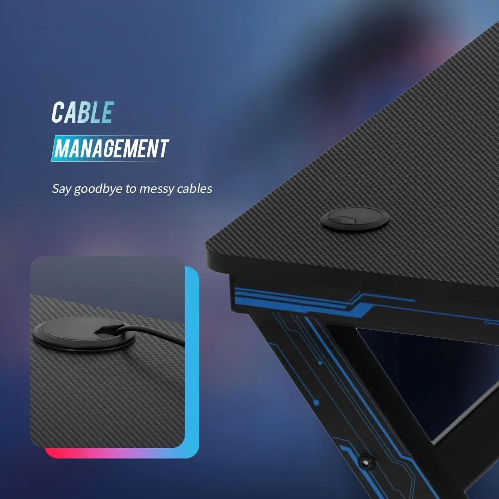 Gaming Desk with Carbon Fiber Surface, PC Workstation with Cup Holder & Headphone Hook, Suitable for Home Office 6