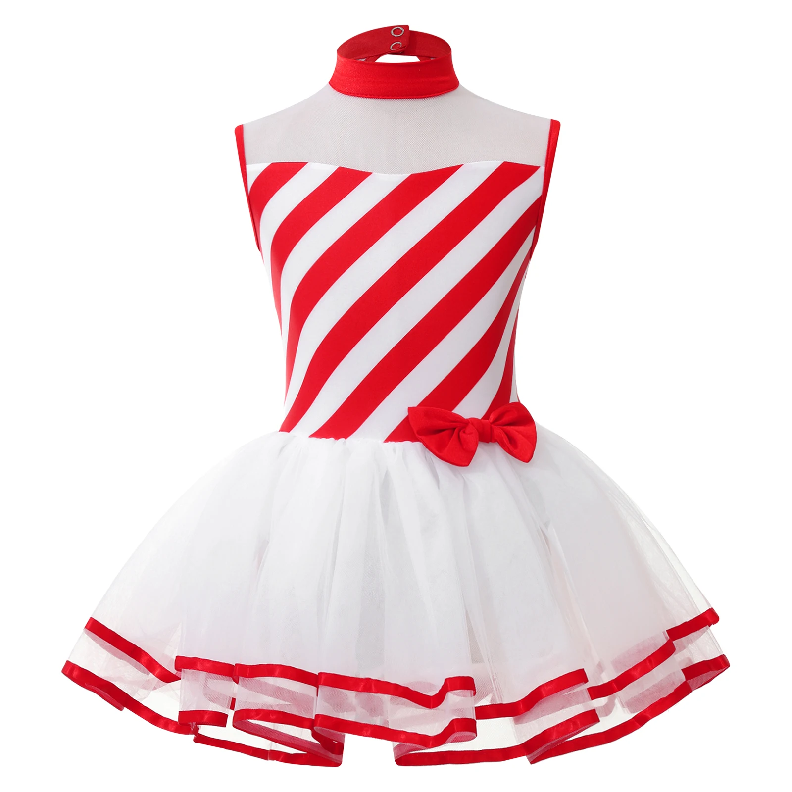 Kids Girls Candy Cane Christmas Costume Striped Mrs Santa Claus Princess Ballet Leotard Tutu Dress Figure Ice Skating Dancewear