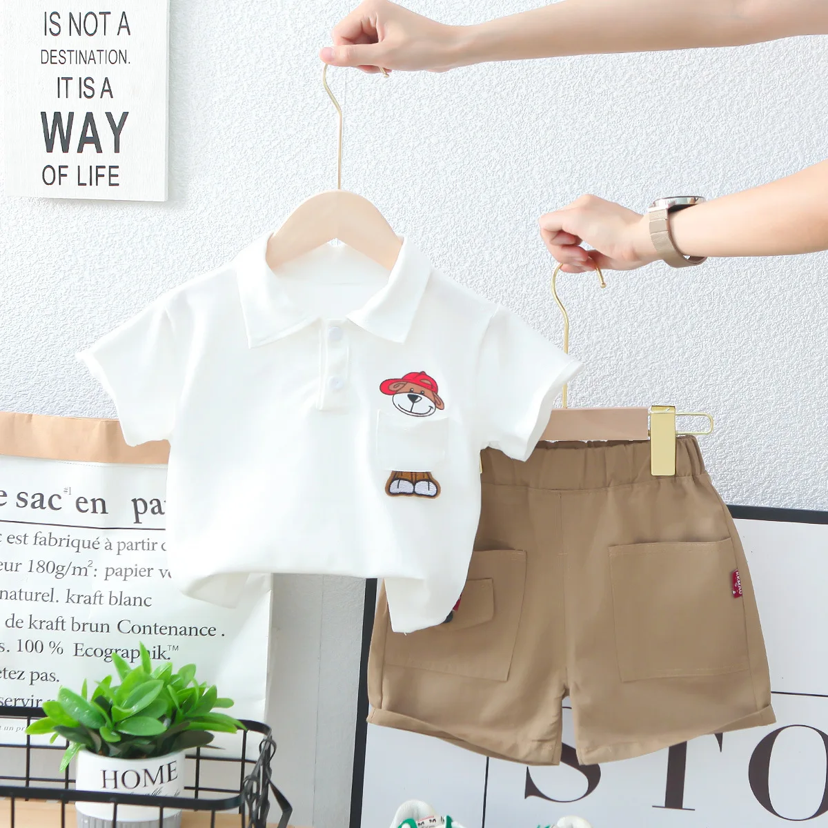 

2023 Summer Baby Boy Clothes 18 to 24 Months Solid Color Turn-down Collar Short Sleeve T-shirts and Shorts 2PCS Kids Tracksuits