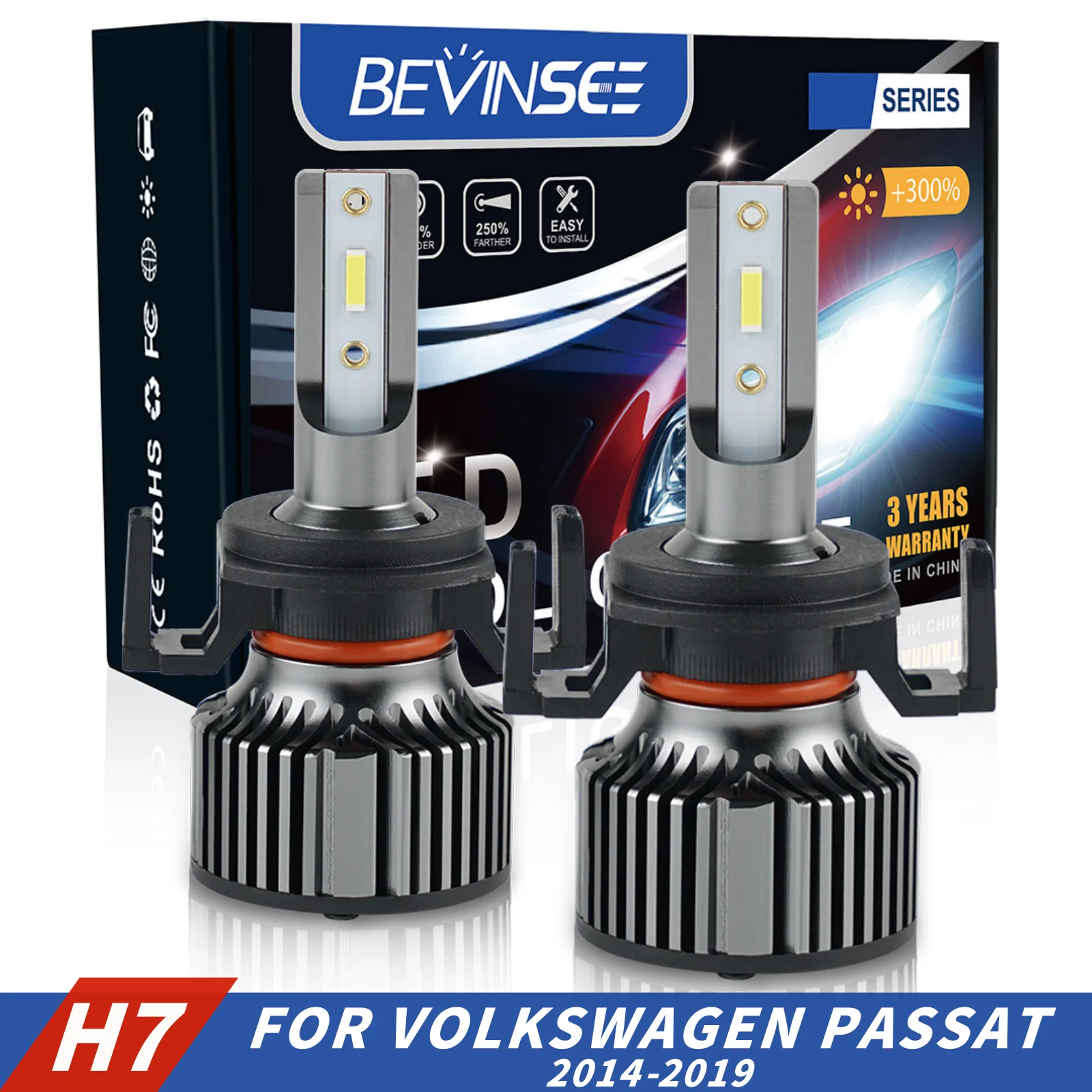 Bevinsee H7 светодиодный автомобильный фонарь дальнего и ближнего света 60 Вт 10000LM 6000K 12 В H7 светодиодный фонарь для VW Passat Tiguan Golf GTI 2014-2019