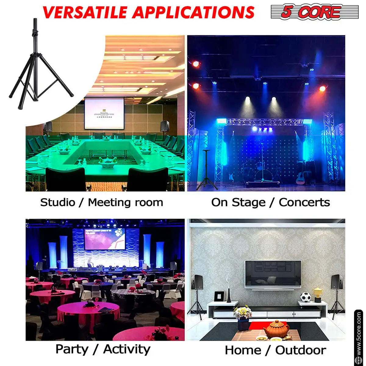 5 Core Speaker Stand Tripod Floor Adjustable Up to 48 Inch DJ Studio Monitor Stands Pole Mount Pair-SS HD 2PK 4FT WB