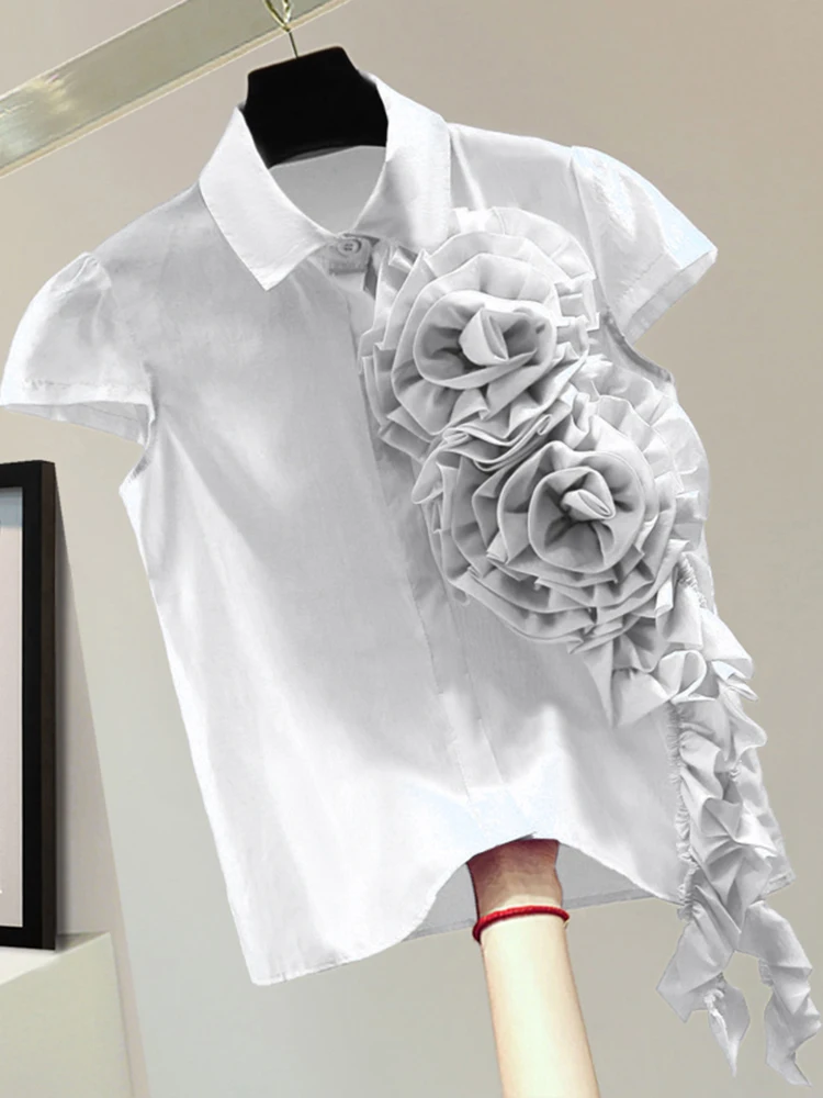 TWOTWINSTYLE Solid Elegant Spliced Appliques Shirt For Women Lapel Short Sleeve Patchwork Button Chic Blouses Female KBL507392