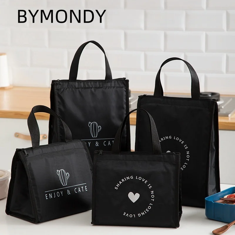 BYMONDY Black Lunch Bags for Men Women Work Concise Bento Pouch Oxford Cloth Cooler Bag Portable Lunch Box Insulated Food Boxes