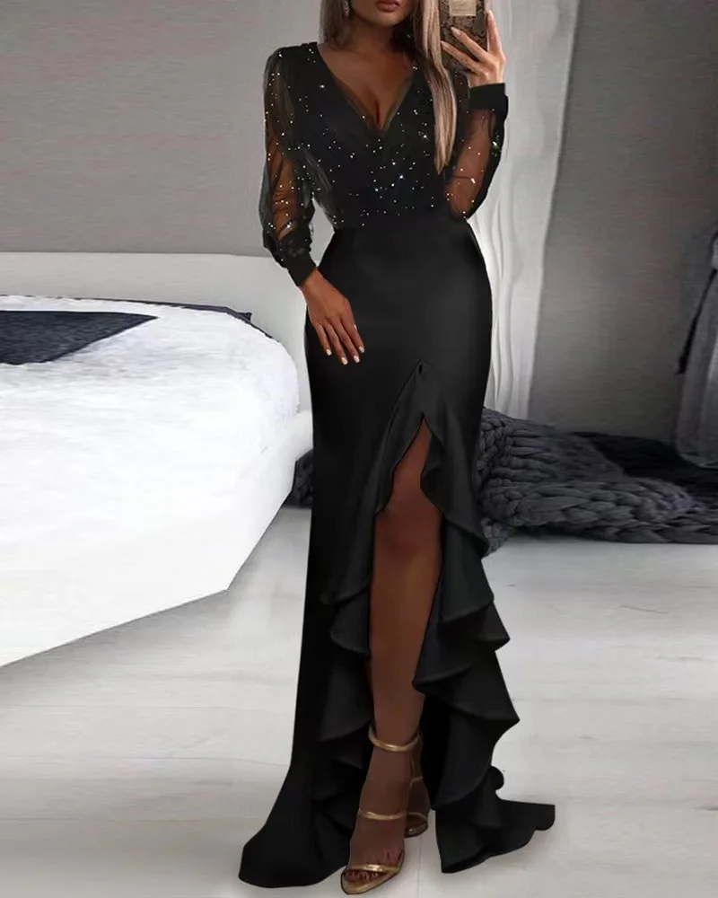 

Zoctuo Sequin Formal Dresses For Women Evening Party Sexy Mesh Long Sleeve High Split Bodycon Gowns New Shinny Ruffles Dress