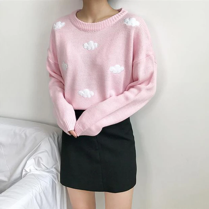 

2023 New Autumn Women's Kawaii Knit Pullovers Preppy Style Clouds Embroidery Sweater Woman Harajuku Loose Long Sleeve Tops