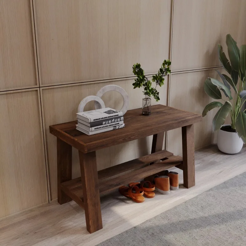 

Solid Pine Wood Entryway Bench with Shelf, Dark Brown Finish Console Table for Hallway Console Table for Living Room