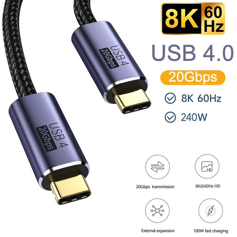 

USB 4.0 Cable Type-C Male to Male Fast Charging Data Cable 20Gbps 8K@60Hz PD 100W USB Type C to Type C Transfer Data Wire Cord