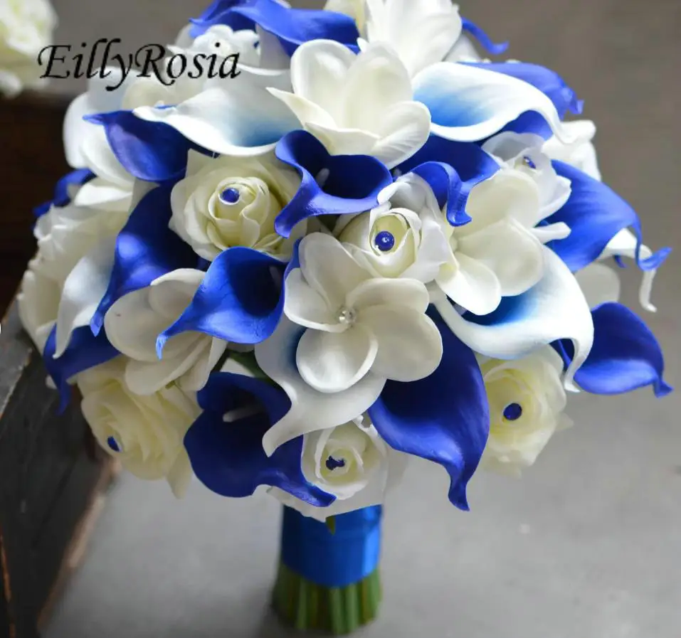 

EillyRosia Royal Blue Bridal Bouquet White Roses Calla Lily Rhonstones Sequined Elegant Wedding Deco Holding Flowers for Bride