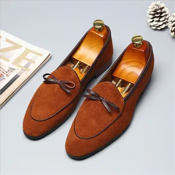 남자 캐주얼 신발 Bowknot 정품 스웨이드 가죽 유행 파티 웨딩 로퍼 플랫 Mens 운전 Moccasins EUR 크기 38-48