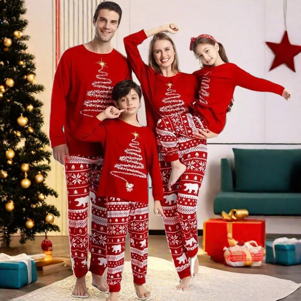 thumbnail image 1 of Conjunto de pijamas navideños a juego para toda la familia, estampado de fuegos artificiales rojos, ropa de casa para papá, mamá y niños, ropa de dormir cómoda, mameluco para bebé, look navideño 2024, 1 of 4