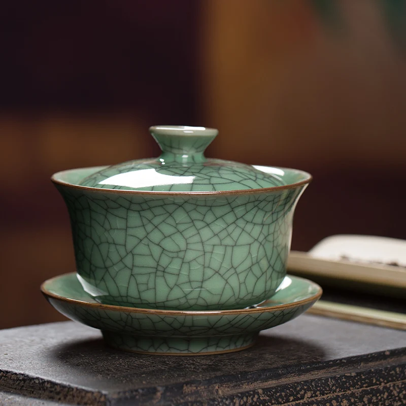 

|Longquan Celadon Sancai Gaiwan Tea Cup Single Tea Bowl Kung Fu Tea Set Ge Kiln Ice Crack Not Hot Household Tea Brewing Bowl