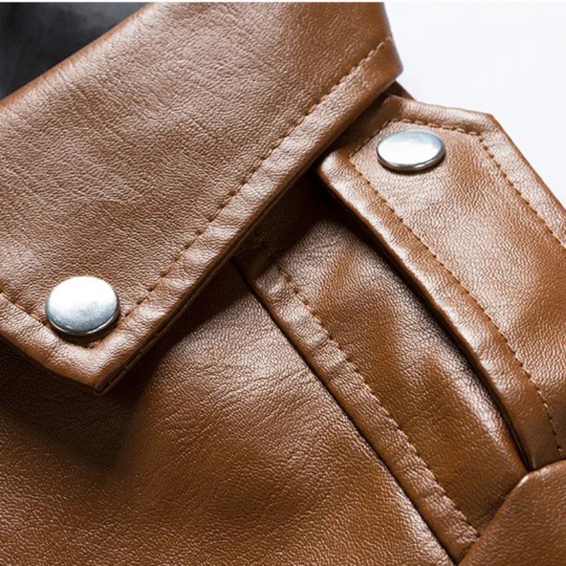 2023 New Youth Men Fashion Leather Coat Casual Outwear Men Lapel PU Leather Jacket Slim Fit Handsome Decorative Rivets Top