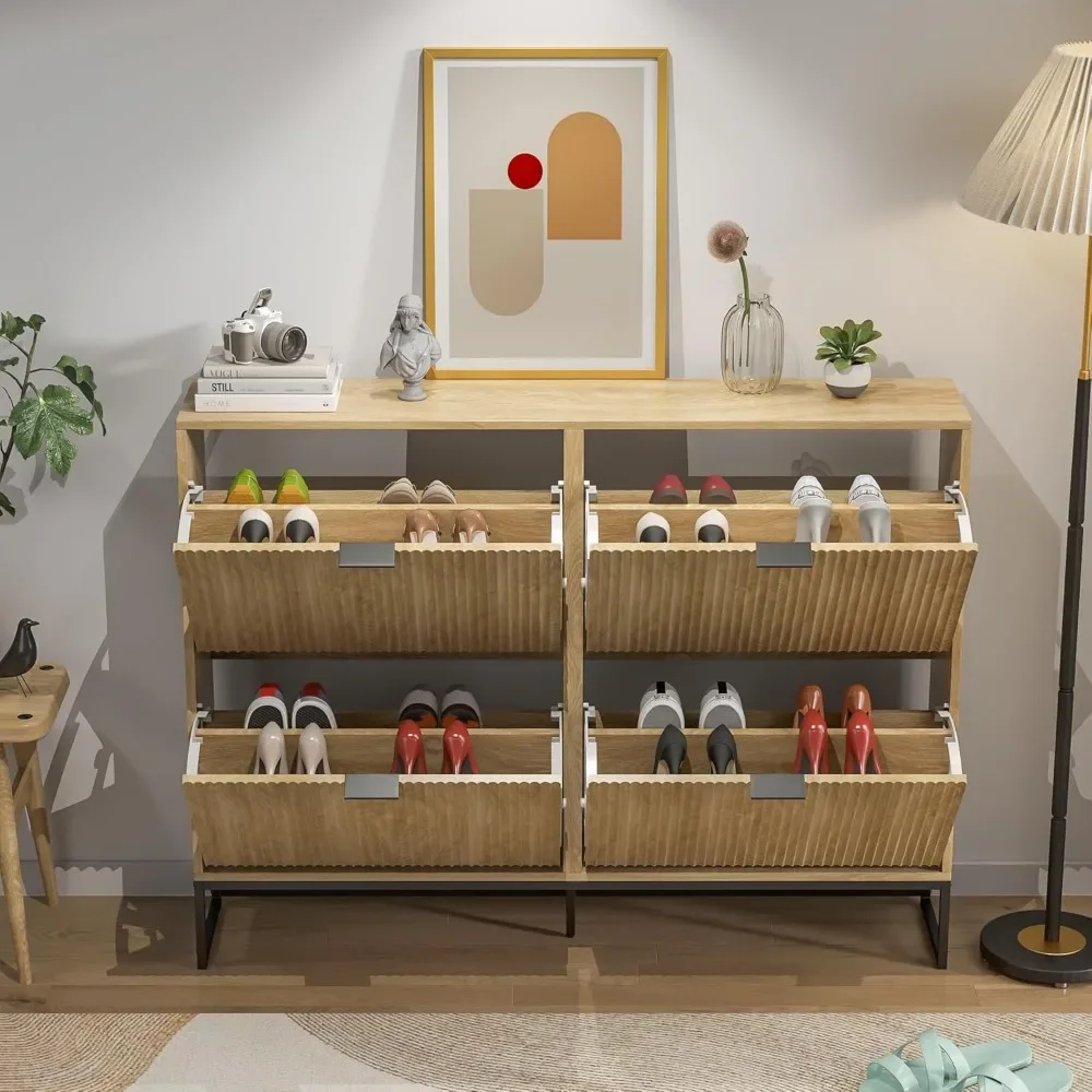 Fluted Shoe Storage Cabinet for Entryway Modern Shoe Rack Cabinet with 4 Flip Drawers Tipping Shoe Cabinet Wooden 4
