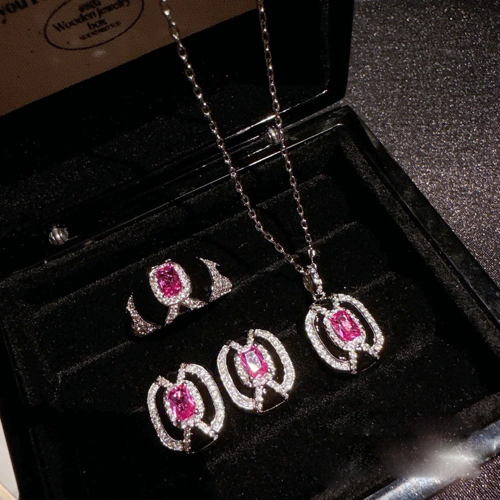 Women 2024 Rupee Onyx Gemstone Ring Vintage Honeycomb Rouge Pink Zirconia Necklace Earrings 6