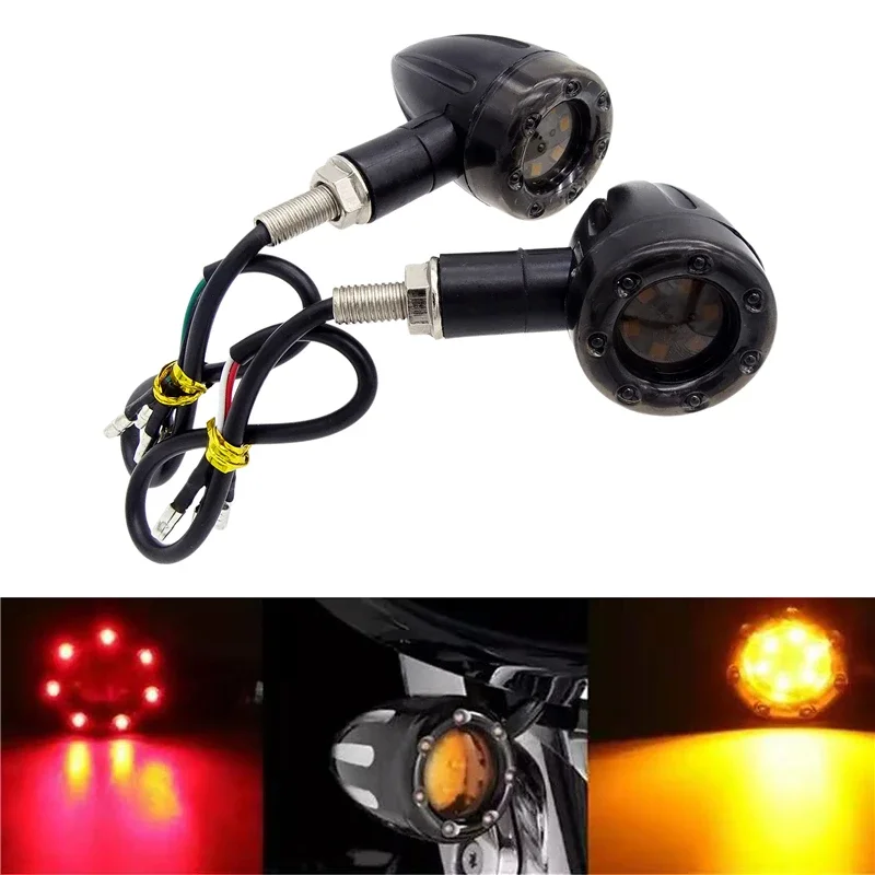 

2 Pcs Motorcycle Universal Black Bullet Head LED Amber Turn Signal Indicator Lights Red Brake Stop Lamp Motorbike Accessories