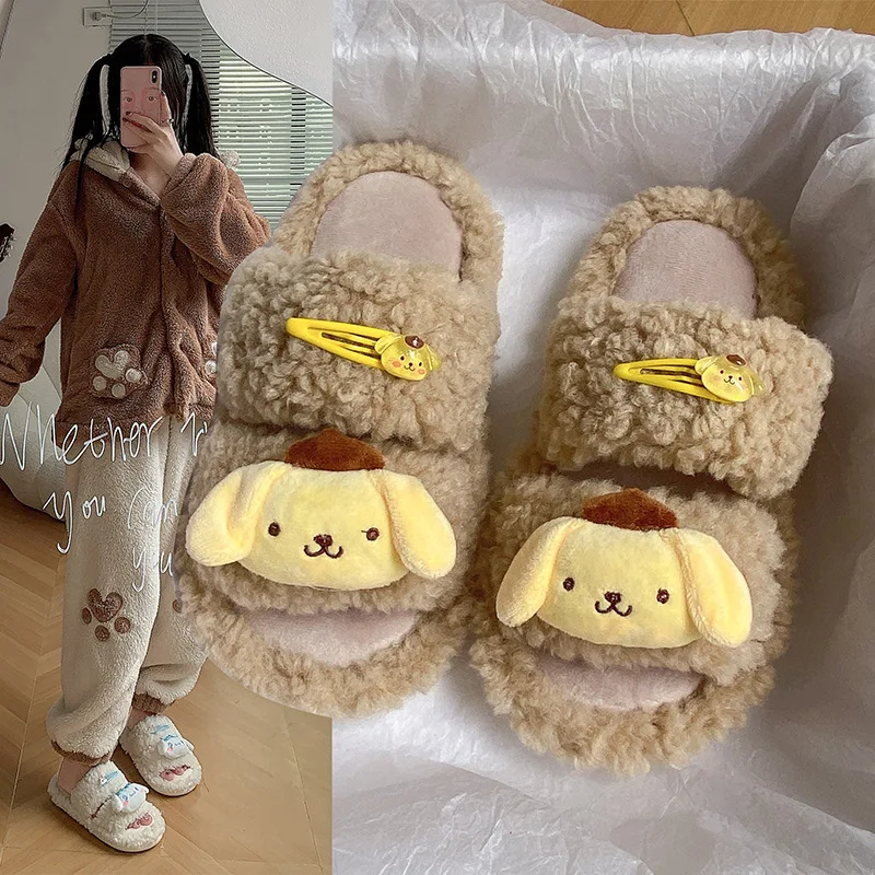 

Sanrio My Melody Kuromi Cinnamoroll Pom Pom Purin Girl Indoor Home Plush Slippers Winter Cartoon Anime Anti-Skid Warm Shoes Gift
