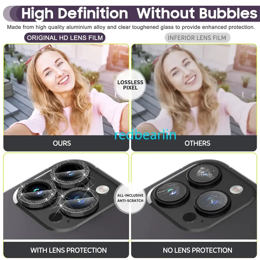 100pcs Luxury Glitter Diamond Camera Lens Protector For iPhone 15 11 12 13 14 Pro Max Back Camera Glass Protector Sticker Cap