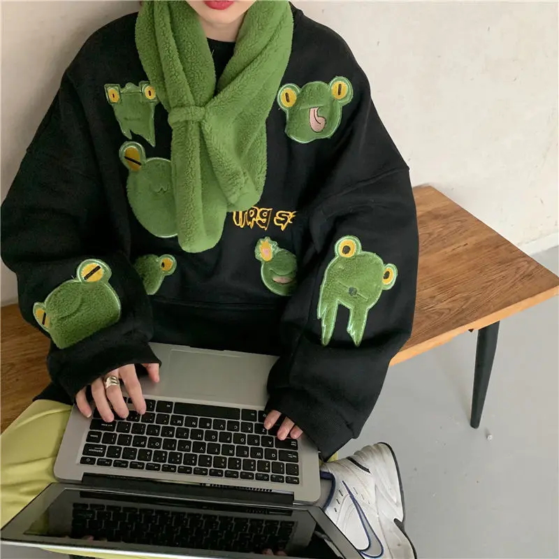 Winter Fleece Thickened Pullover Sweater Women's 2022 New Korean Version of The Harajuku Style Frog Lamb Fleece Sweater Sweater
