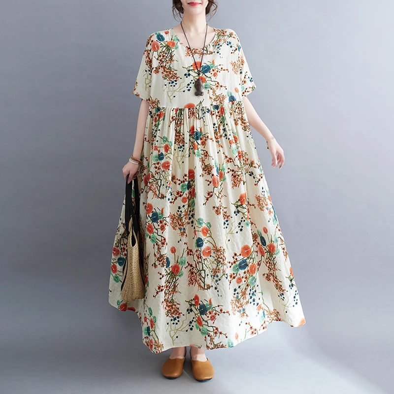 

2023 Summer New Arrival Vintage Print Dresses Women Short Sleeve Cottton Linen Loose Oversize Dress Elegant Vestidos Robe Femme