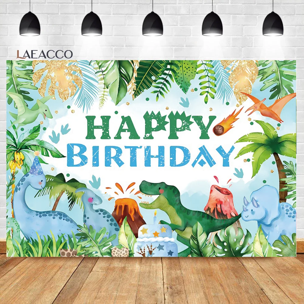 

Laeacco Cartoon Dinosaur Backdrop Cute Animals Wildlife Volcano Baby Shower Kids Birthday Portrait Custom Photography Background