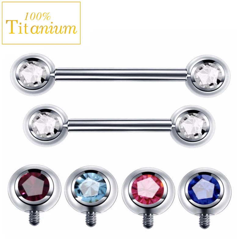 NippleRingG23TitaniumTongueHelixPiercingBarbellDoubleZirconBallNipplesIndustrial
