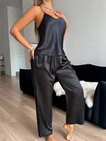 Ensemble pyjama pour femmes, col en V, couleur unie, pantalon licou, à la mode et confortable, ensemble 2 pièces 3