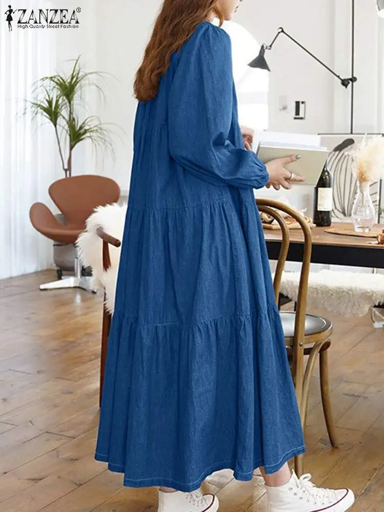Zanzea Denim Abiti Lunghi Moda Donna Scollo A V Abiti Solidi Moda Coreana Abiti A Maniche Lunghe Abiti Casual Autunnali Oversize