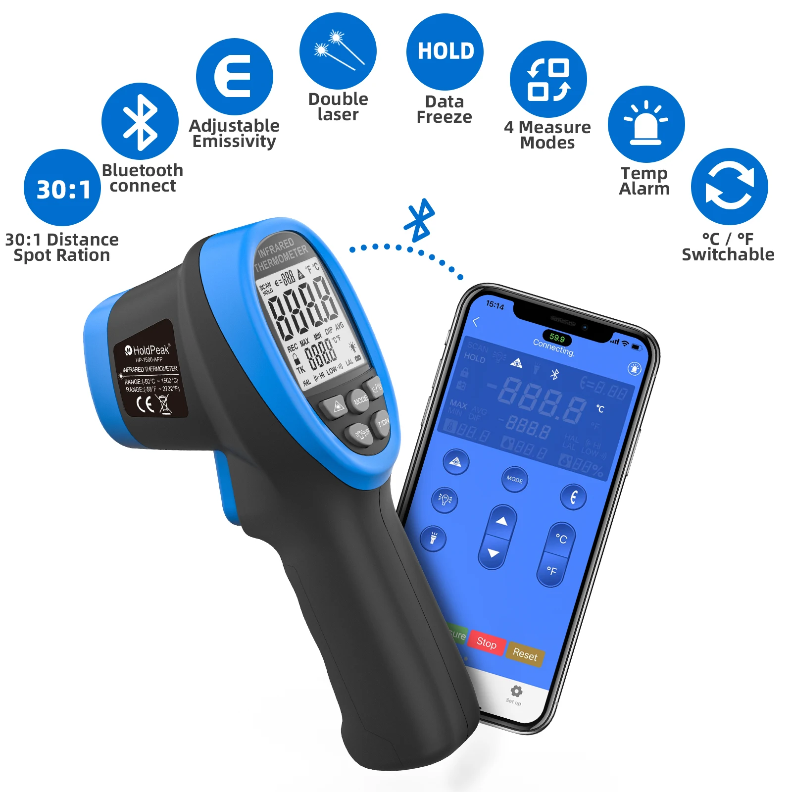 

HoldPeak HP-1500-APP Digital IR Thermometer -50~1500 DS 30:1,Dual Laser Temperature Meter with Bluetooth APP Data Hold Alarm Set