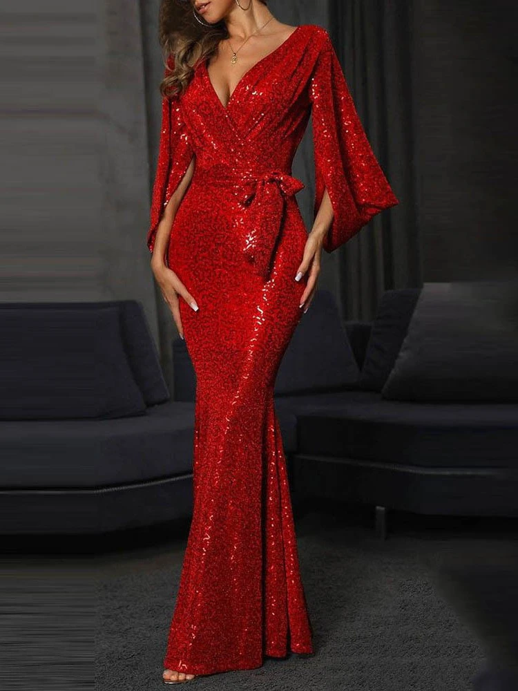 

Womens Dresses New in Spring Summer Fashionable V-neck Sexy Elegant Party Long Evening Dress Forked Frenulum Women's Clothing