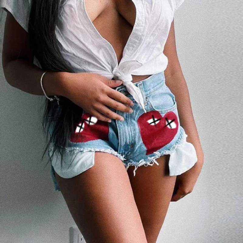 Sexy Heart Print Jean Shorts Women Casual 2024 Summer Fashion harajuku Streetwear Fur-Lined Leg-Openings Denim Booty Shorts y2k