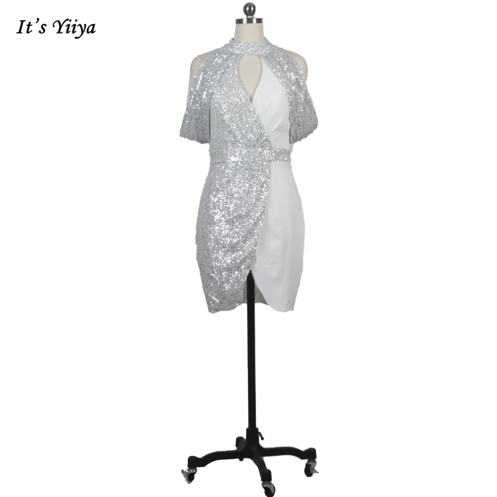 

It's Yiiya New Evening Dresses White Sequins High Collar Zipper Back Above Knee Mermaid Plus size Women Formal Party Dress K037