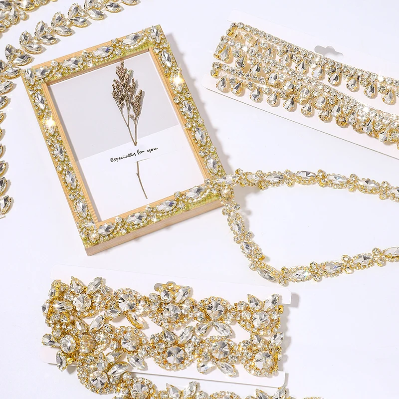 DUCRYSTAL 1 Yard/90 cm Goldbasis Glas Strass Kette Hot Fix Glas Kristall Strass Trim für DIY Schuhe, Taschen, Dekoration – Detail 3
